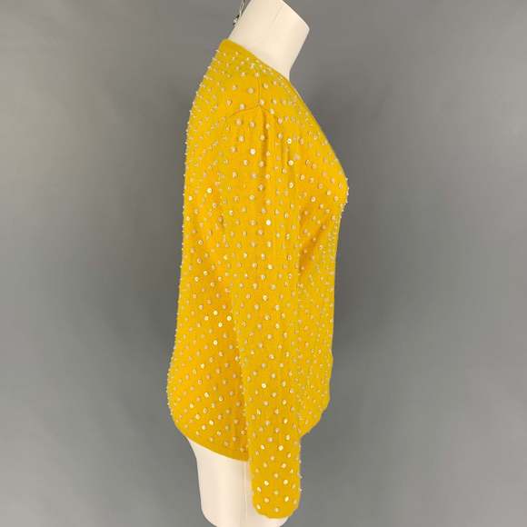 OSCAR DE LA RENTA Yellow Cashmere Beaded Open Front Cardigan - Picture 2 of 5